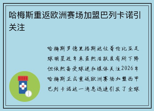 哈梅斯重返欧洲赛场加盟巴列卡诺引关注 哈梅斯重返欧洲赛场加盟巴列卡诺引关注