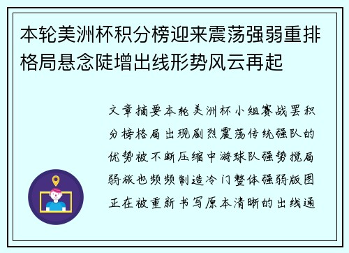 本轮美洲杯积分榜迎来震荡强弱重排格局悬念陡增出线形势风云再起 本轮美洲杯积分榜迎来震荡强弱重排格局悬念陡增出线形势风云再起